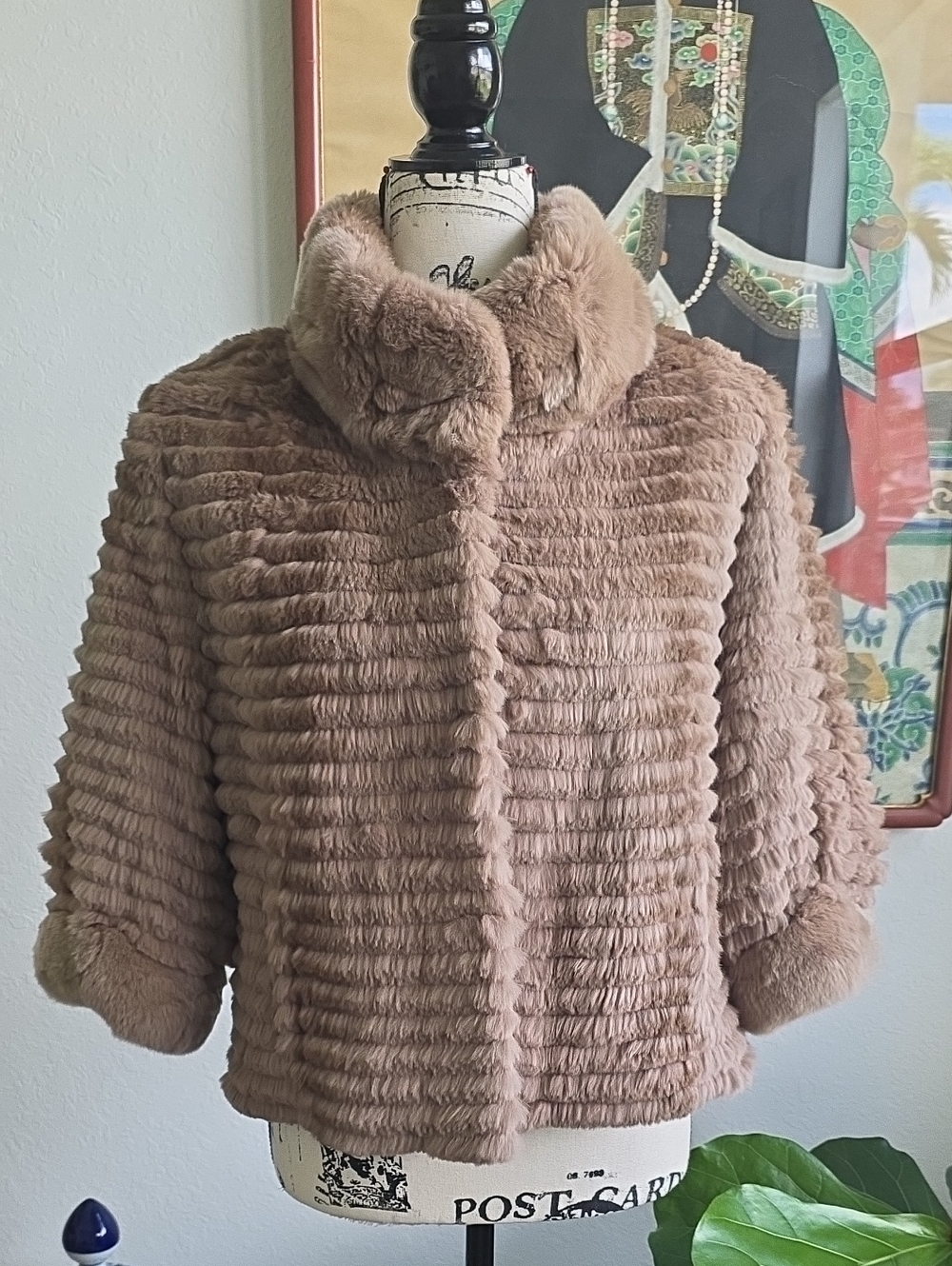 Belle Fare High Collared Layered Rex Rabbit Fur Bolero 3/4 Sleeve Jacket sz XS